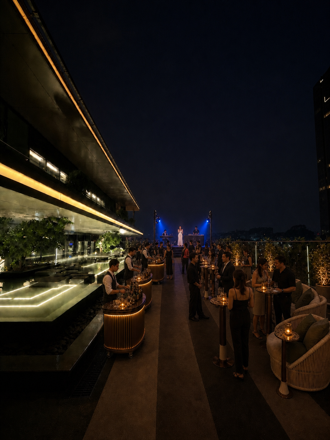 Open-sky IFC terrace concept with fewer guests, tall cocktail tables, two compact VIP seating areas, mobile bars, an unobstructed illuminated fountain and a small modular stage with a live singer